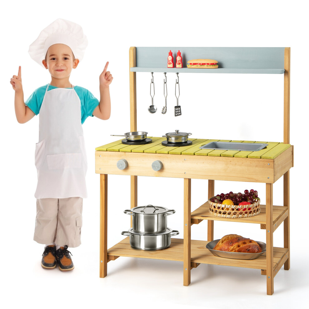 Wooden Kids Play Kitchen Children Role Play Cooking Set w/ Water Box