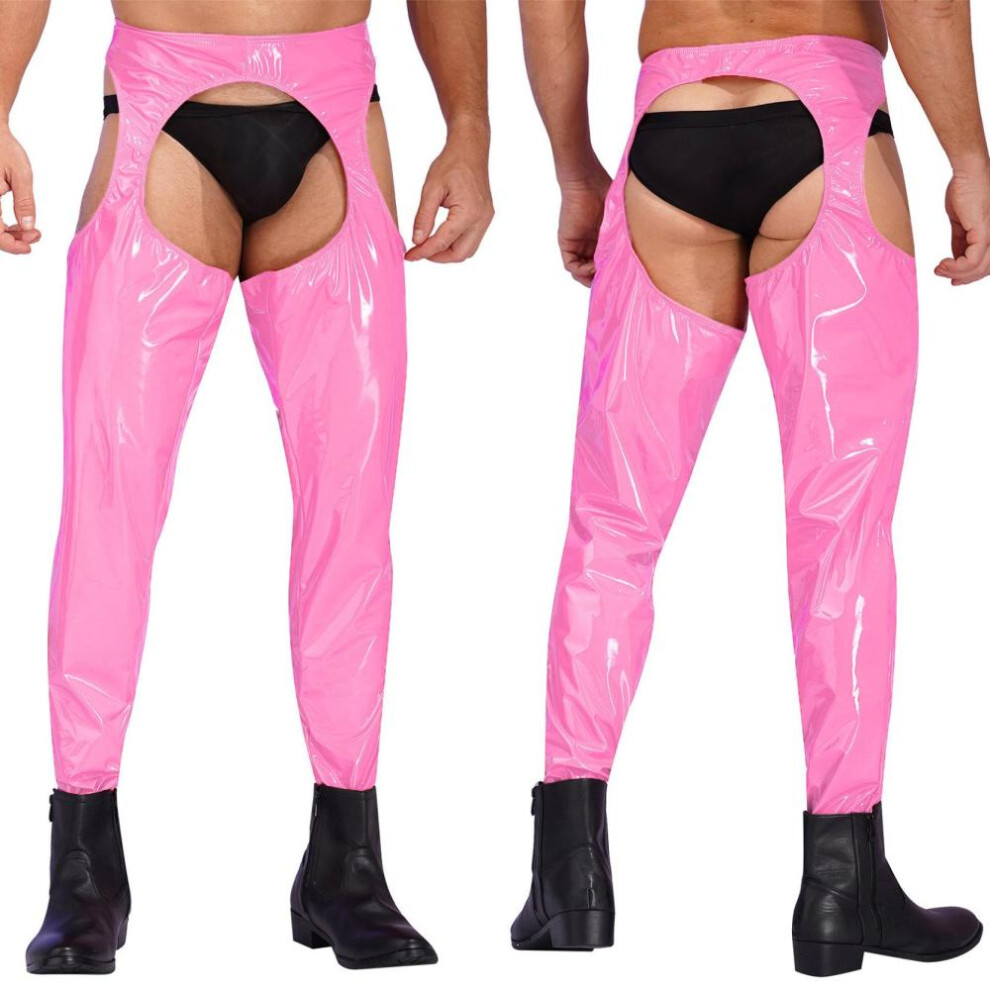 (pink, XL) Mens Wet Look Leather Pants Tight Trousers Cutout Skinny Long Legging Pants Clubwear