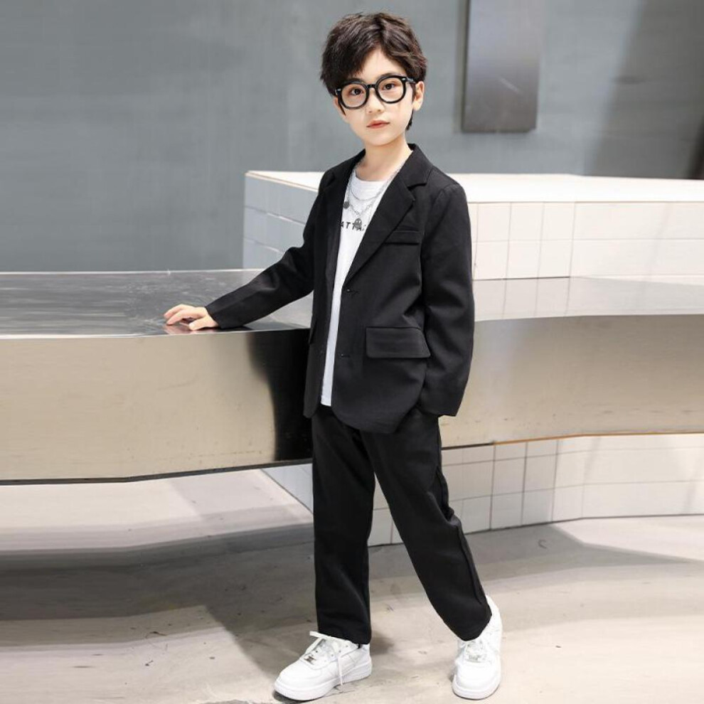 (black, 170cm) Boys Long Sleeve Casual Blazer Suits Jacket Trouser 2pcs School Uniform Teen Kids Clothes Set Children Cosutme