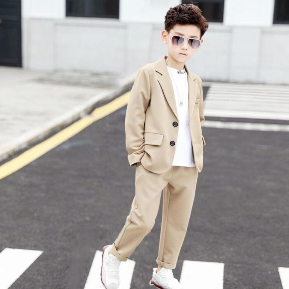 (khaki, 170cm) Boys Long Sleeve Casual Blazer Suits Jacket Trouser 2pcs School Uniform Teen Kids Clothes Set Children Cosutme