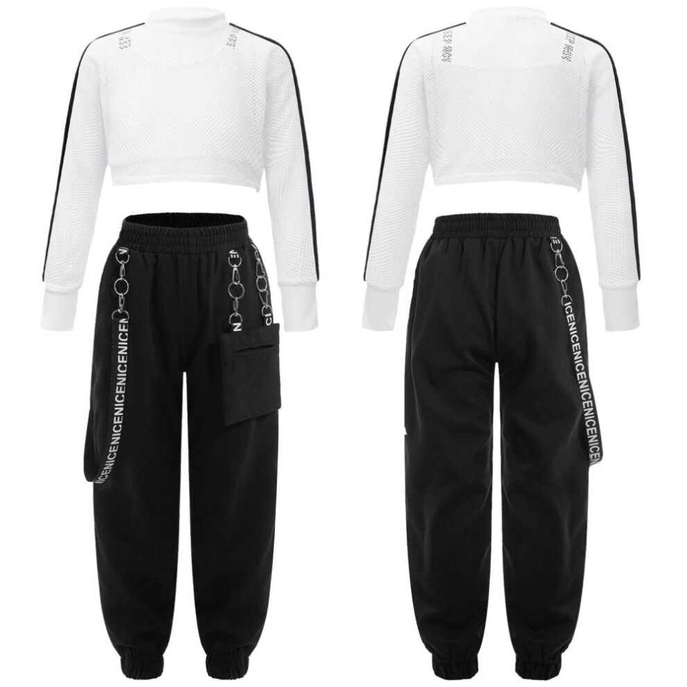 (ivory, 11-12 Years) Kids Girls 3pcs/set Sport Outfit  Vest Hollow Out Mesh Long Sleeve Crop Top And Pants For Hip-hop Dance Skateboarding