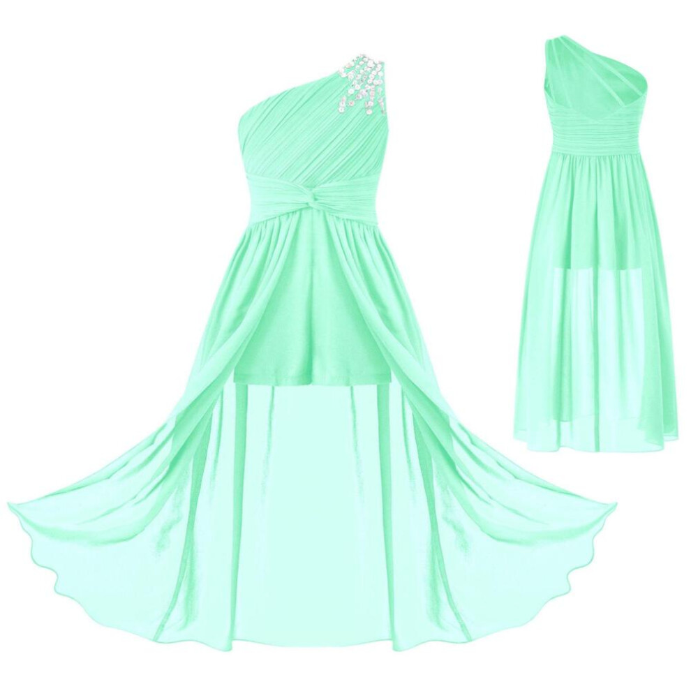 (mint green, 13-14 Years) Girls Pageant Junior Bridesmaid Dress One Shoulder Sleeveless Flower Girl Dress Kids Princess Wedding Formal Party Prom Dresses