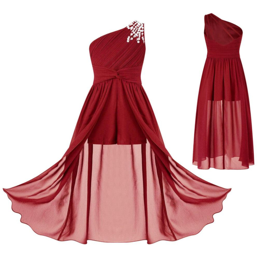 (burgundy, 11-12 Years) Girls Pageant Junior Bridesmaid Dress One Shoulder Sleeveless Flower Girl Dress Kids Princess Wedding Formal Party Prom Dresses