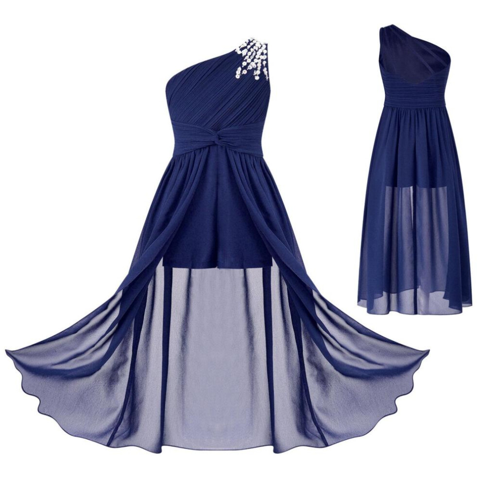 (navy blue, 7-8 Years) Girls Pageant Junior Bridesmaid Dress One Shoulder Sleeveless Flower Girl Dress Kids Princess Wedding Formal Party Prom Dresses
