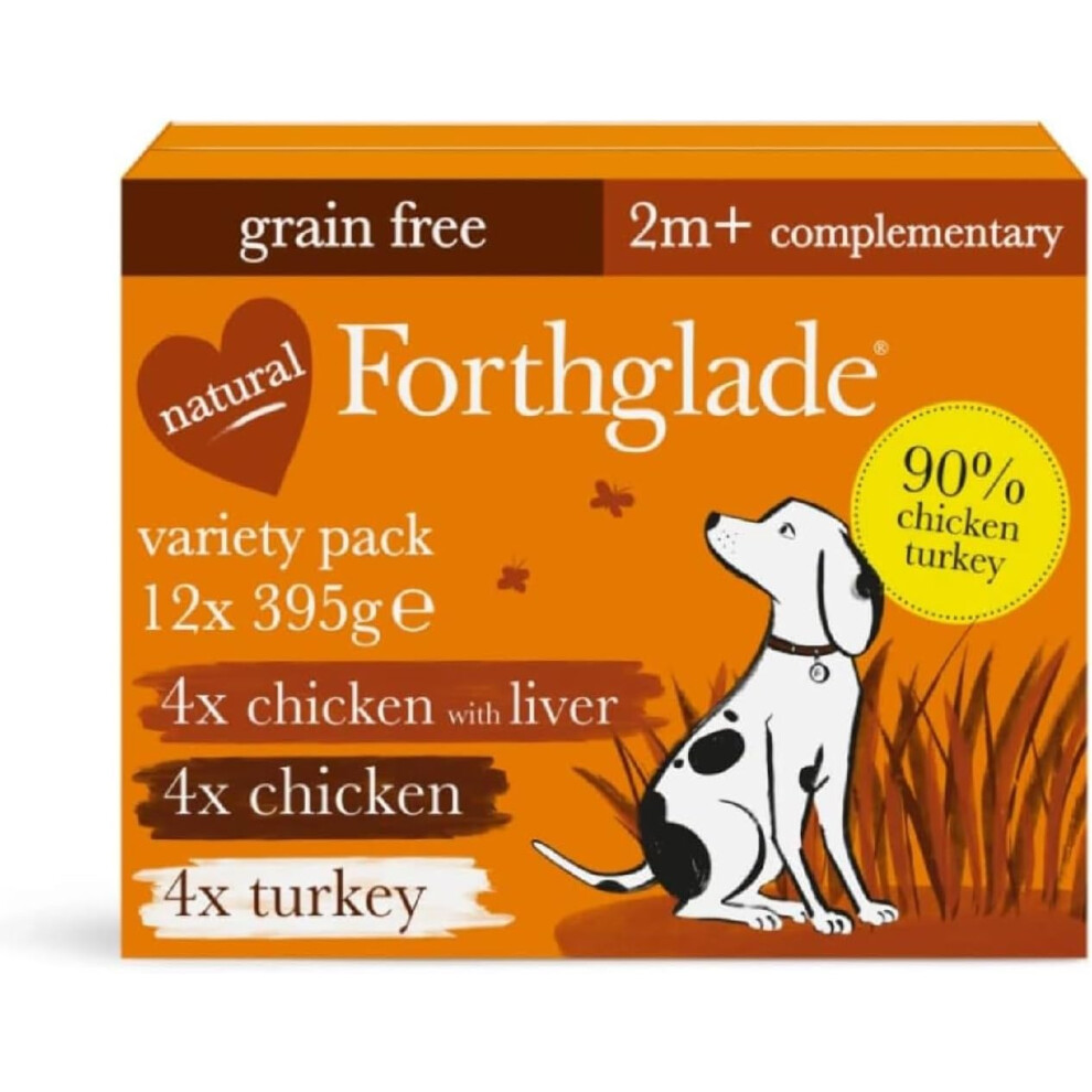 Forthglade Complementary Wet Dog Food Variety Pack (12 x 395g Trays) - Just Chicken, Chicken with Liver & Turkey, 90% Meat, Grain Free Dog Food