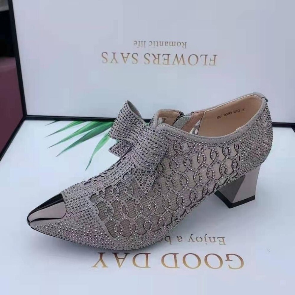 (grey, 40) Single Shoes Hollow Mesh Women&apos;s Summer Thick Heel Medium Heel Pointed Toe Large Size Zipper Sandals Women&apos;s Shoes
