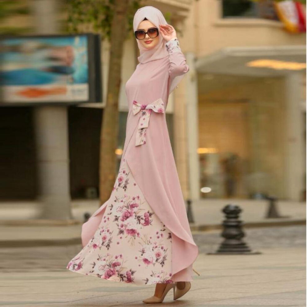 (pink, S) Women Dress Turkish Cloth Islam Muslin Chiffon Robe Canonicals With Scarf One Piece Long Dress Long Sleeve Print Elegant Dress