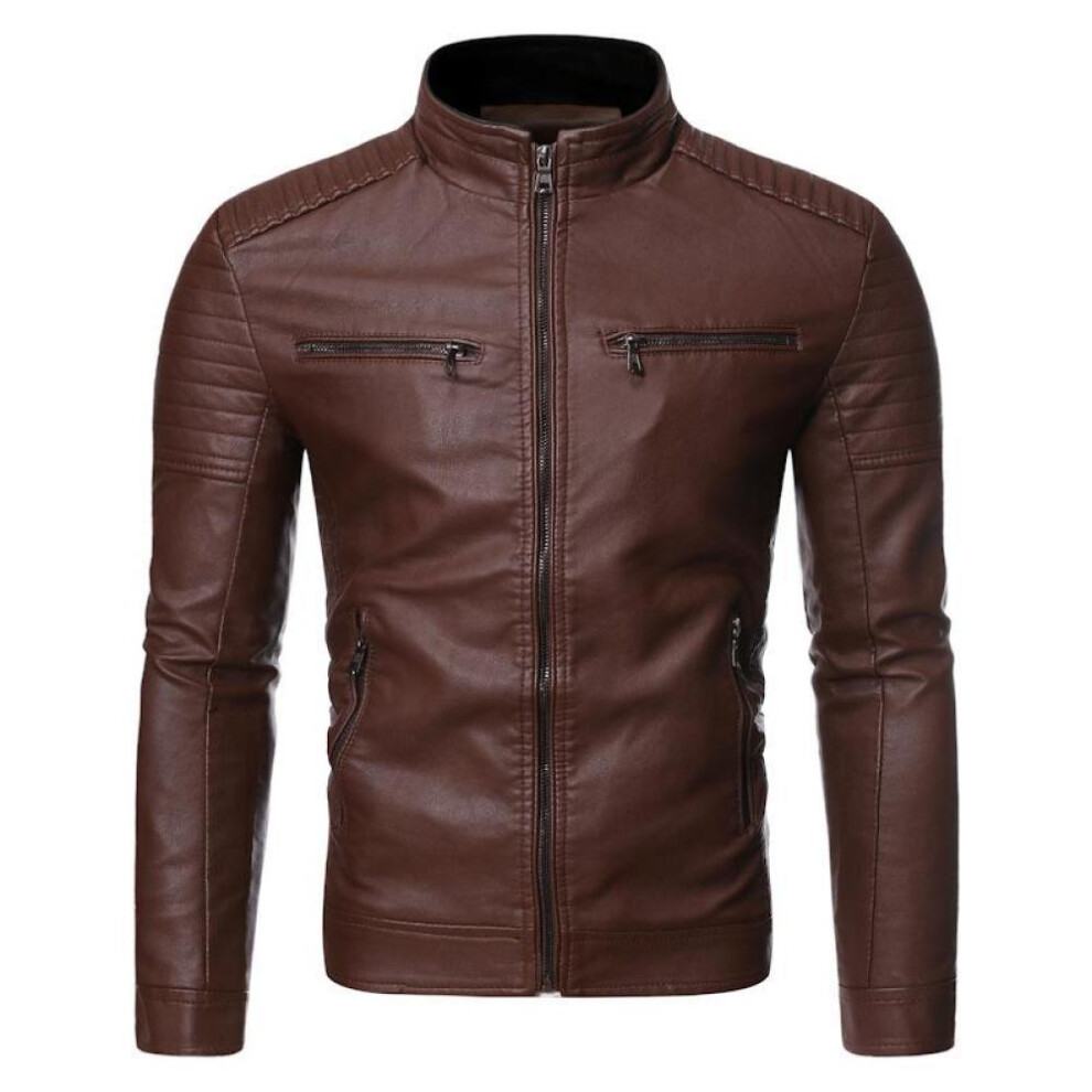 (coffee, M) Men&apos;s Washed Pu Leather Jacket Men&apos;s Stand Collar Men&apos;s Motorcycle Leather Jacket Men