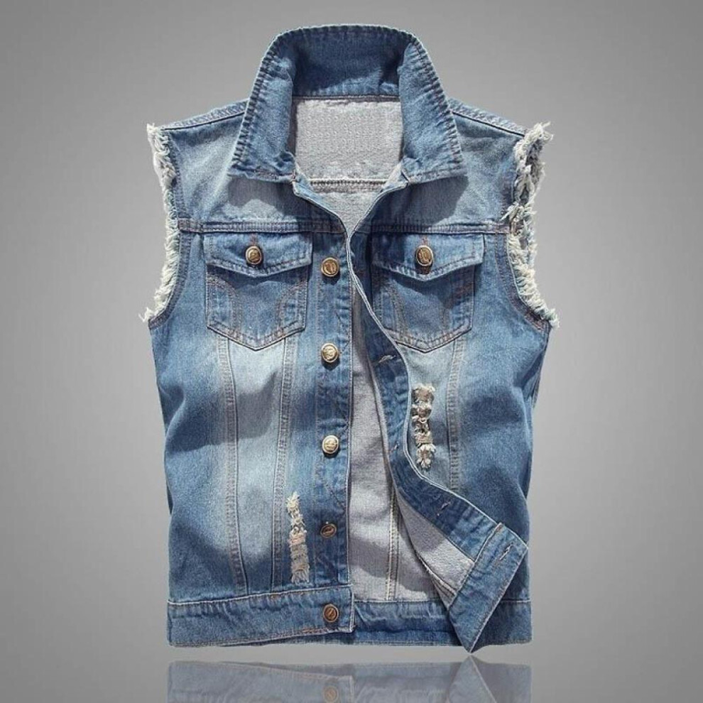 (light blue, 2XL) 3 Colors Denim Vest Slim Fit Jeans Light Color Men Women Unisex Waistcoat Fashion Sleeveless Jacket