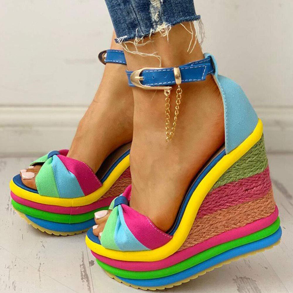 (blue, 39) Woman Fashion Summer Wedges Elegant Rainbow Woman Sandals Party Platform Extreme High Heels Shoes