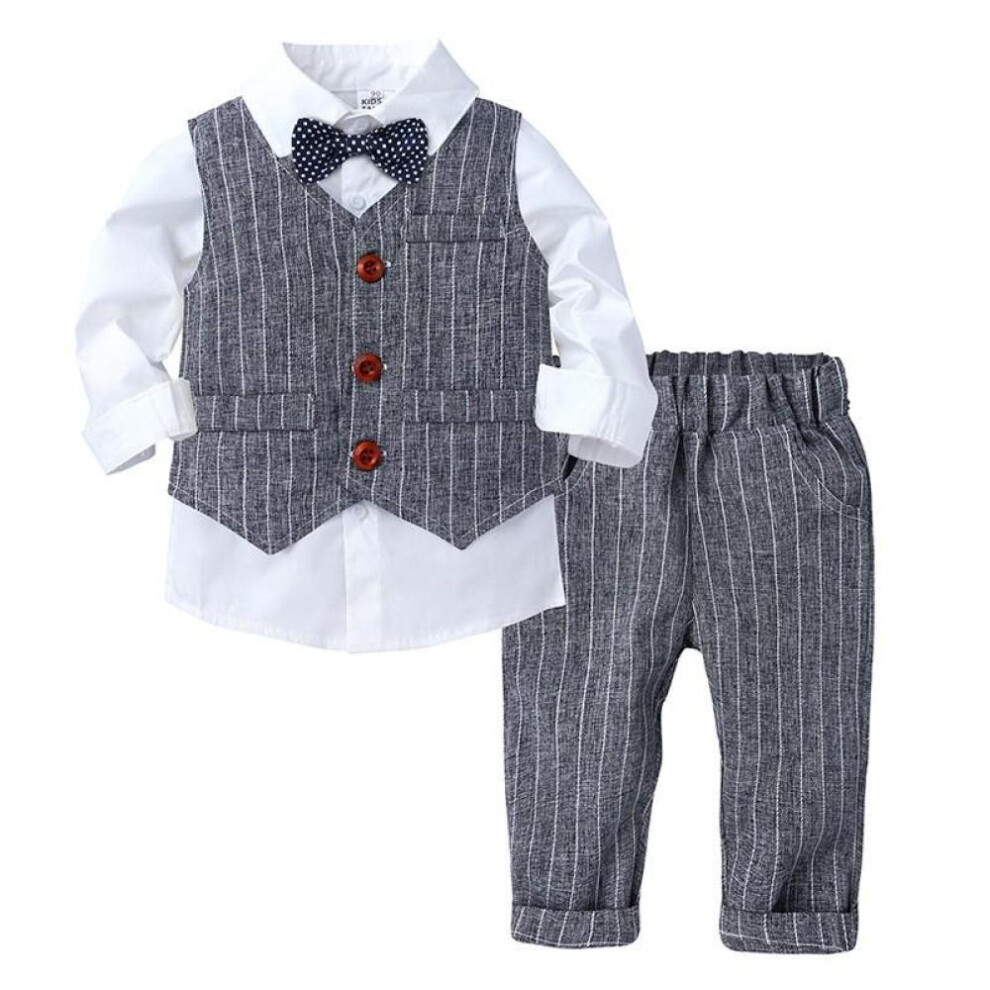 (grey, 110CM) Spring&autumn Baby Boy Gentleman Suit White Shirt With Bow Tie Striped Vesttrousers 3pcs Formal Kids Clothes Set