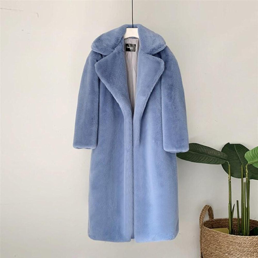 (blue, S) Elegant Long Winter Faux Fur Coat Women Plush Fur Coats Loose Thick Warm Fur Overcoat