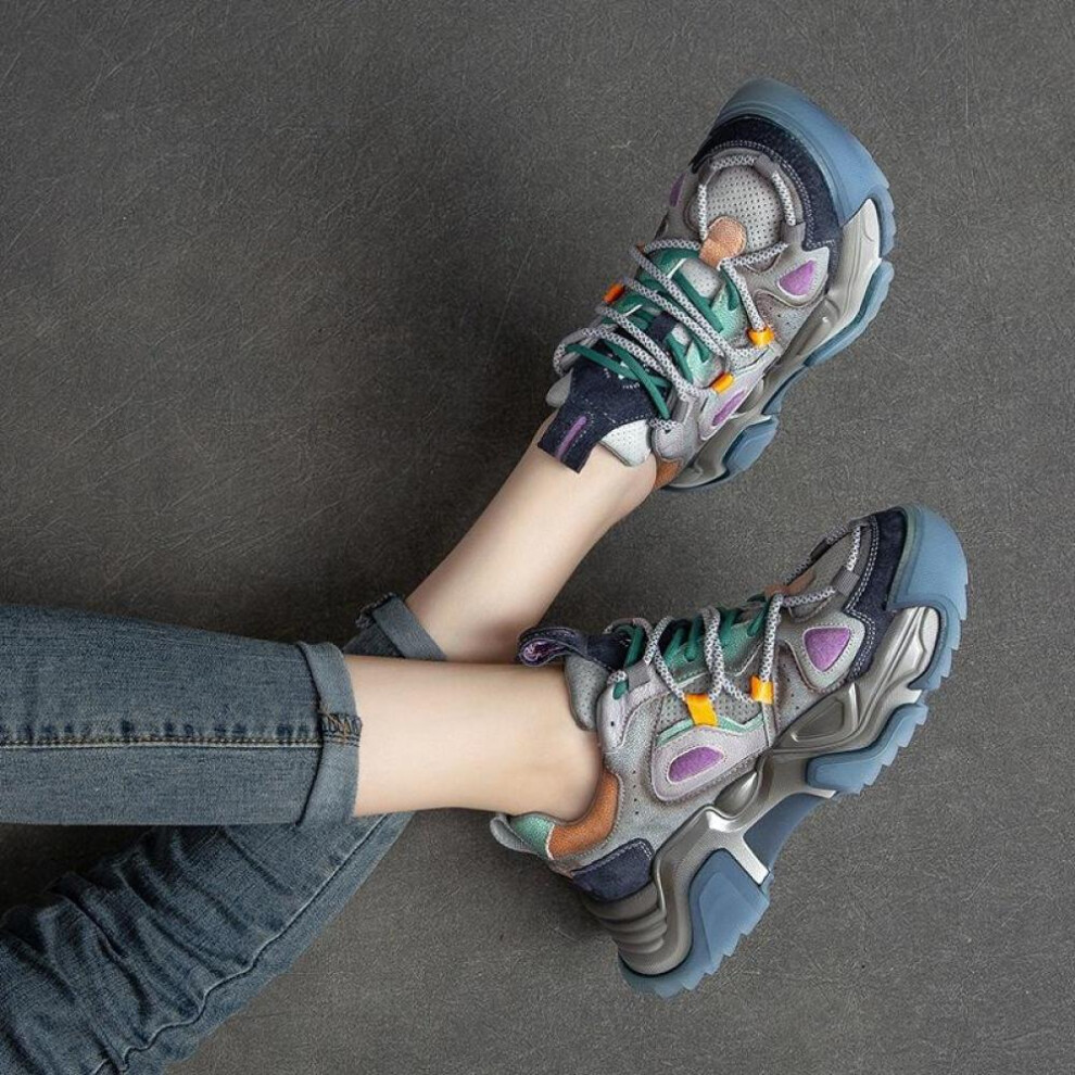 (blue, 36) Johnature   Spring Autumn Retro Lace-up Casual Round Toe  Women Genuine Leather Flats Shoes