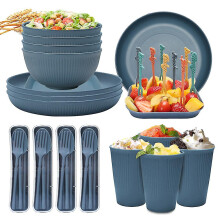(Blue) Unbreakable Dinnerware Sets Camping Plates And Bowls Set Plastic Picnic Dinner Sets