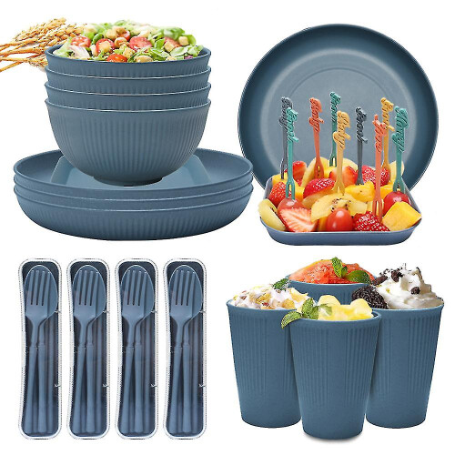 (Blue) Unbreakable Dinnerware Sets Camping Plates And Bowls Set Plastic Picnic Dinner Sets