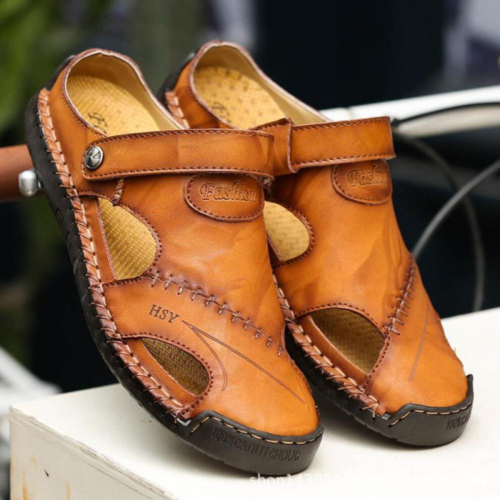 (yellow, 39) Pair Of Shoes Men Hand-stitched Outdoor Closed Toe Leather Sandals