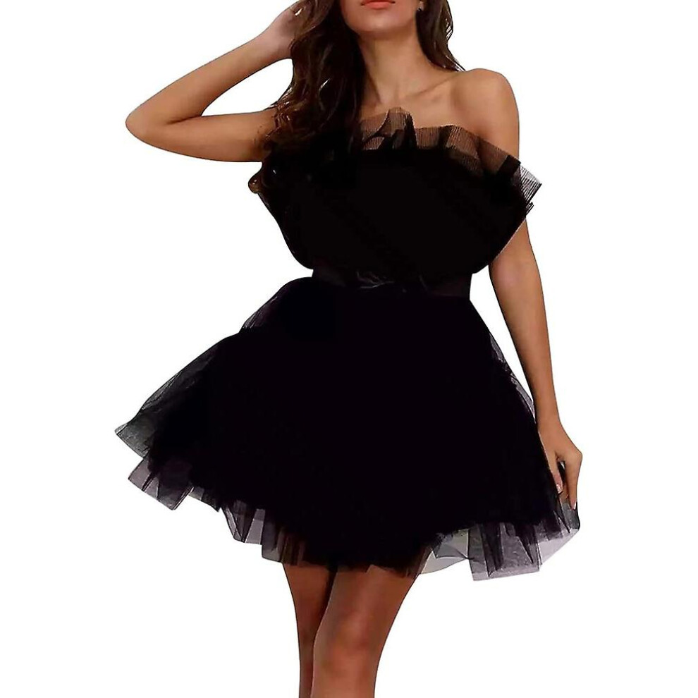 (Black, L) Women Short Puffy Prom Dress Strapless Mesh Birthday Dresses-image-OPC-PFVHDV6-NEW