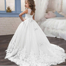 (12, 406-White) Girls Lace Long Prom Gowns Bridesmaid Kids Dresses For Girls Teens Girl Party Dress Kids Princess Evening Formal Wedding Vestido