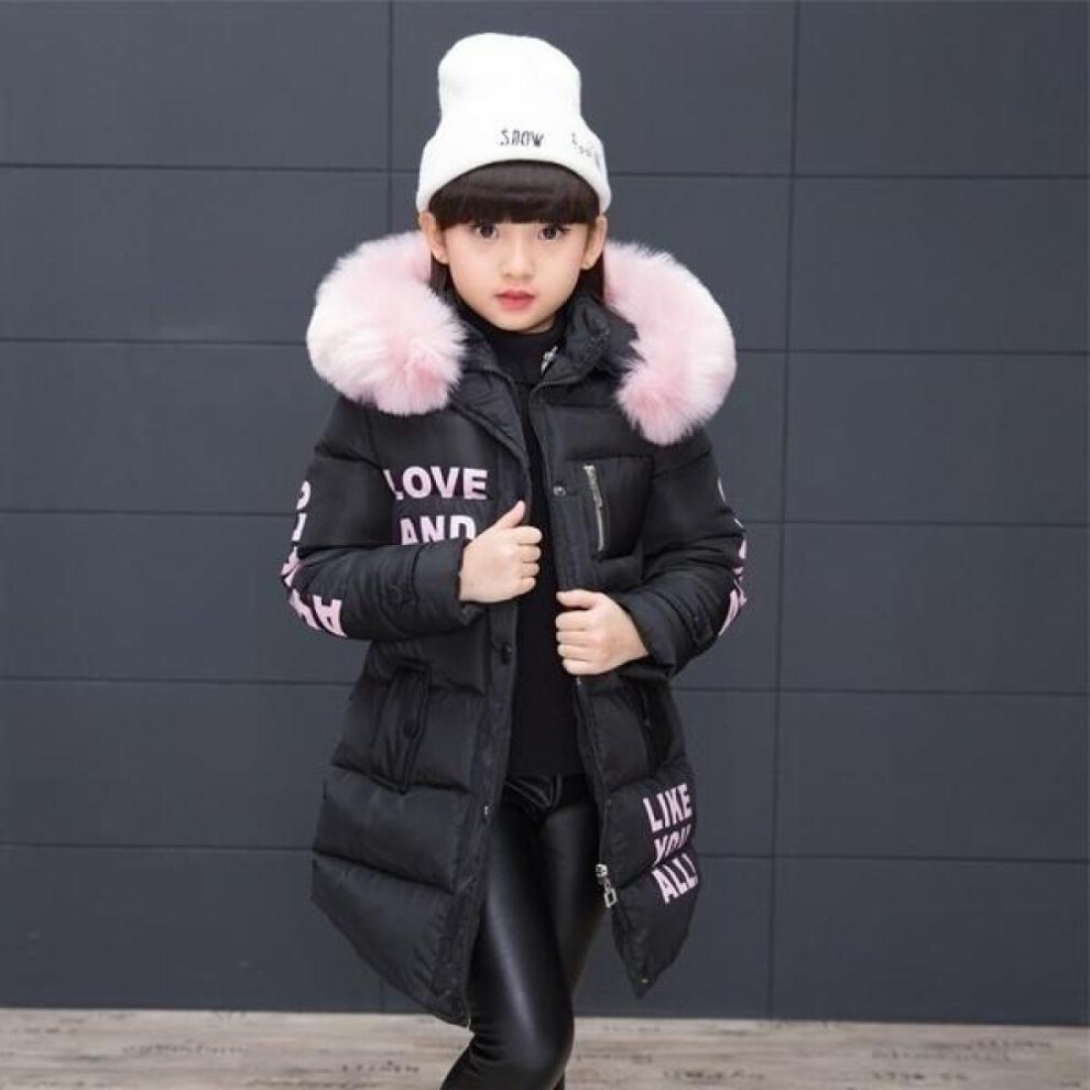 (black, 140 cm) 3 Colors Winter Teenage Girls Letters Long Hooded Thickening Fur Coat Jackets For Girls