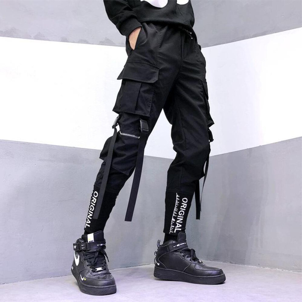 (black, XXL) Mens Cargo Sweat Pant High Street Slim Fit Track Joggers Hip Hop Multi Pocket Sport Pants