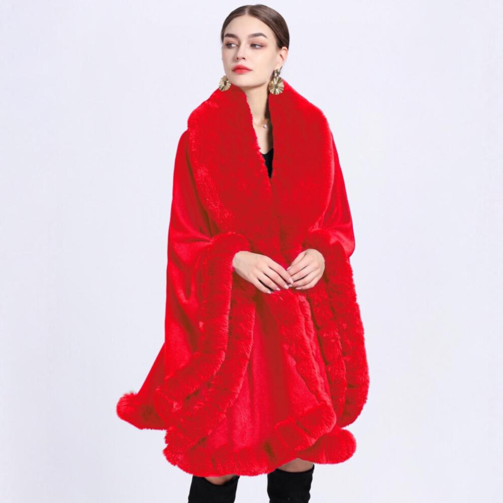 (bright red, One size) Elegant V Lapel Faux Rex Rabbit Fur Coat Cape Winter Women Big Long Shawl Full Trim Fur Knit Cloak Overcoat Large Size Parka