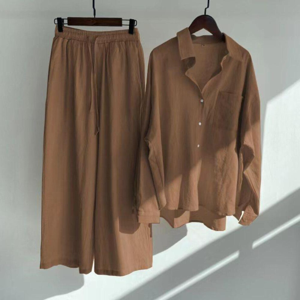 (dark brown, XXXXXL) Ladies two piece suit Retro Plus Size Cotton Linen Shirt Suit High Waist Loose Pants For Women