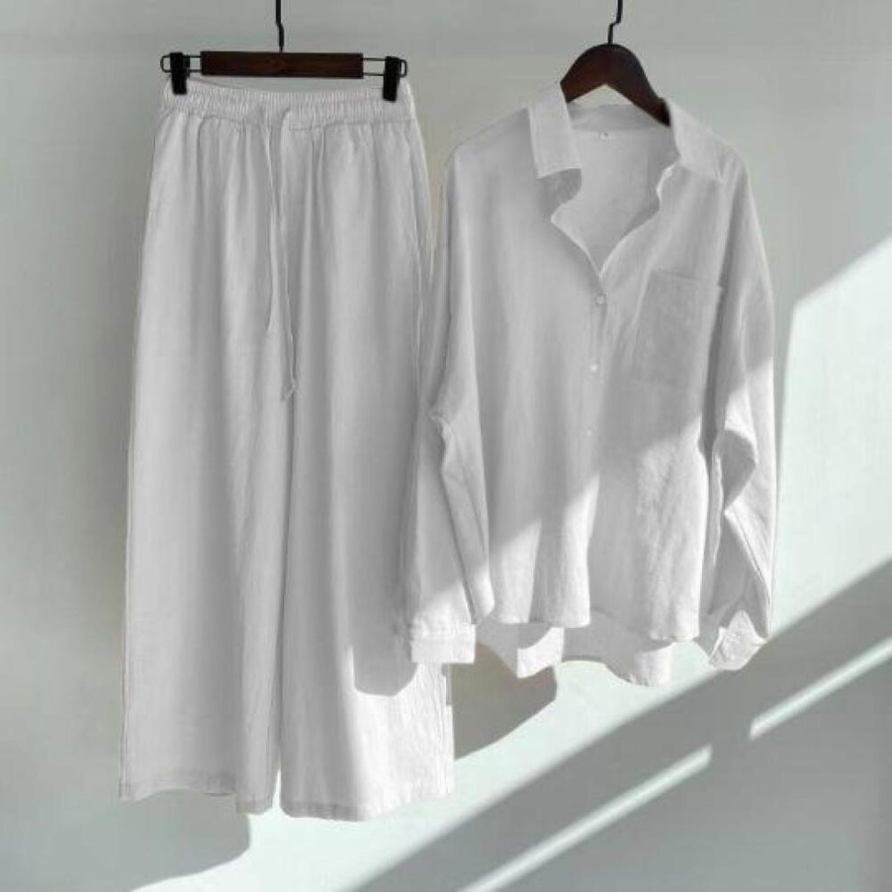 (white, XXXXL) Ladies two piece suit Retro Plus Size Cotton Linen Shirt Suit High Waist Loose Pants For Women