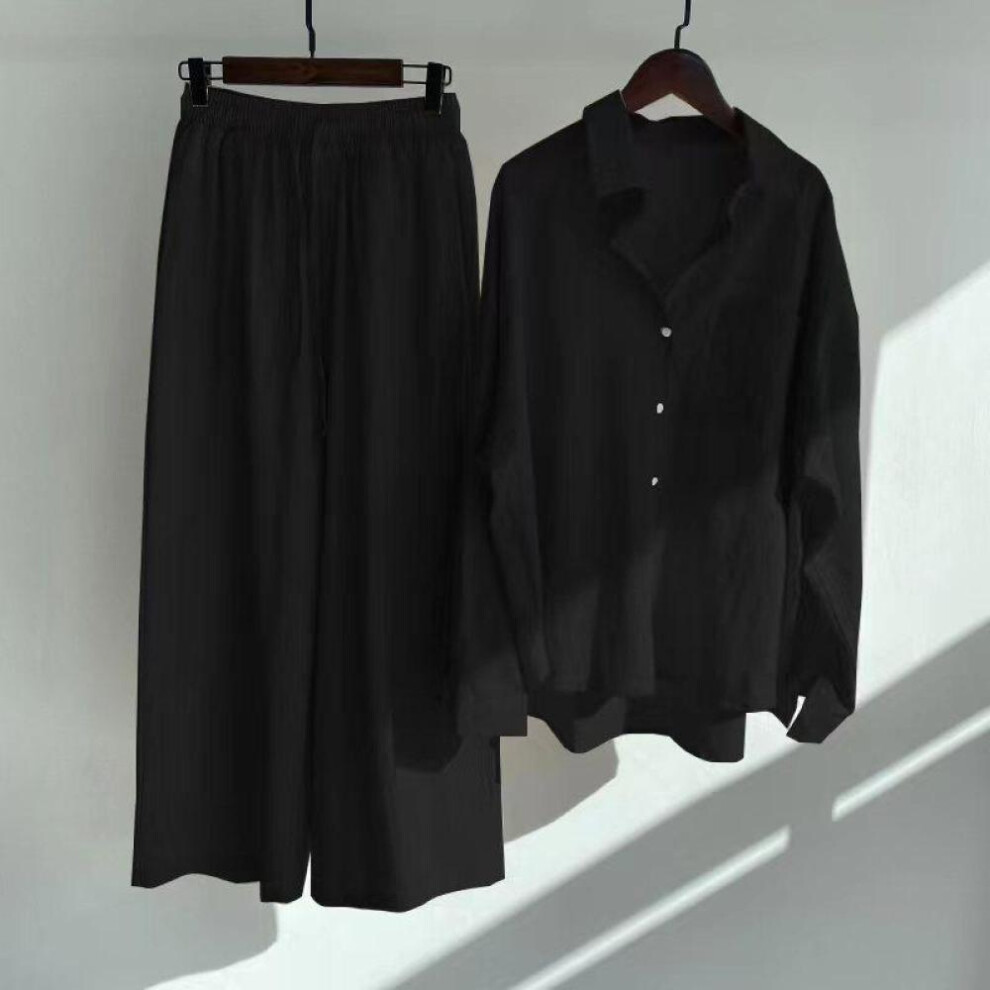 (black, M) Ladies two piece suit Retro Plus Size Cotton Linen Shirt Suit High Waist Loose Pants For Women