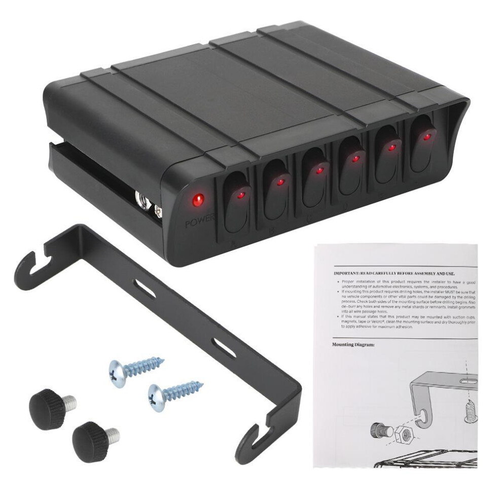 For Cars Vehicles Caravan 12-24V 20A 6 Gang Rocker Switch Box with LED Light Indicator Switch Panel