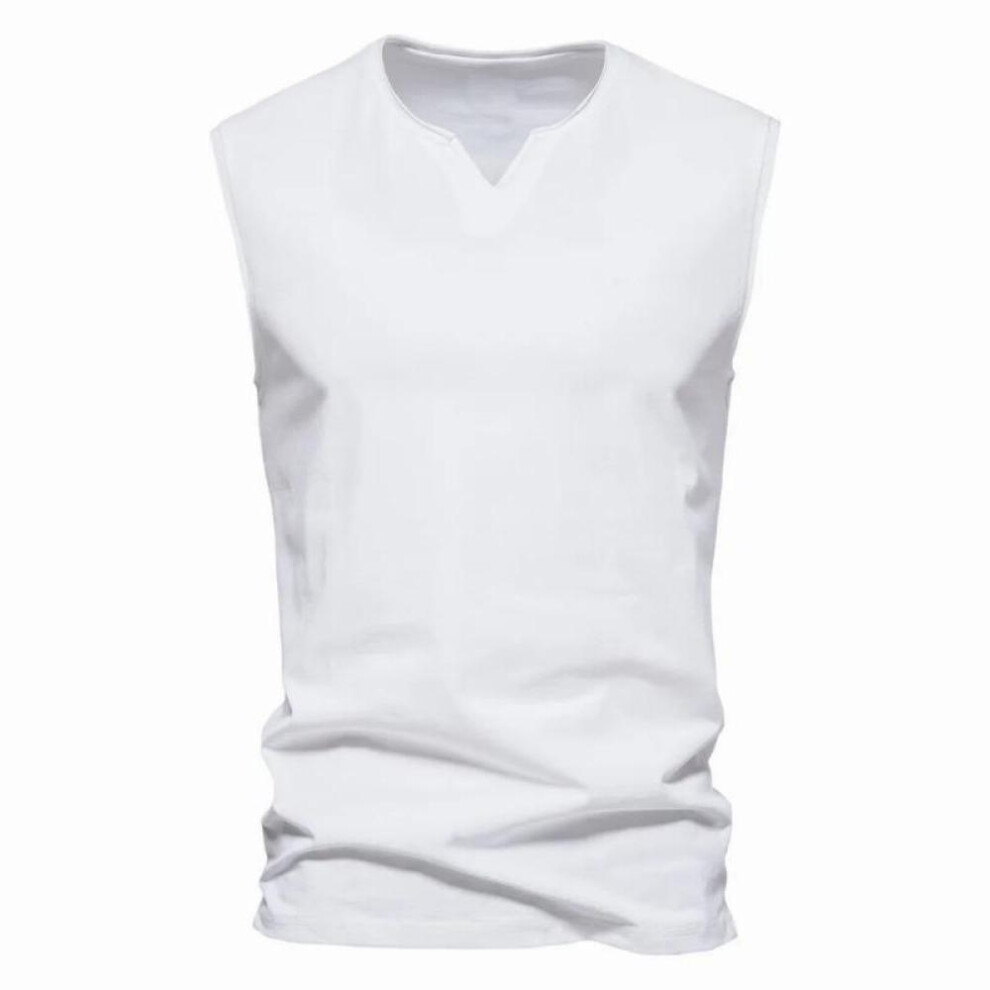(white, 5XL) Men&apos;s V-neck Summer Cotton Vest Sports Jogging Gym Loose Vest Sleeveless T-shirt Simple Temperament Blazer Lightweight