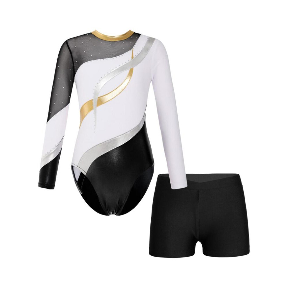 (white, 7-8 Years) Kids Girls Long Sleeve Shiny Rhinestones Decorated Cutout Back Patchwork Leotard With V-front Waistband Shorts For Dance Gymnastics Performance