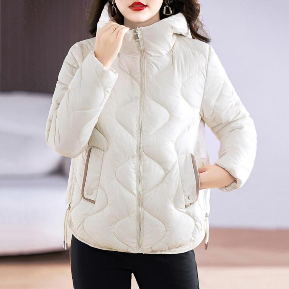 (beige, XXL) Autumn Winter Thicken Warm Parka Women Casual Solid Color Wavy Pattern Big Pocket Loose Short Hooded Coat Jackets Outwear