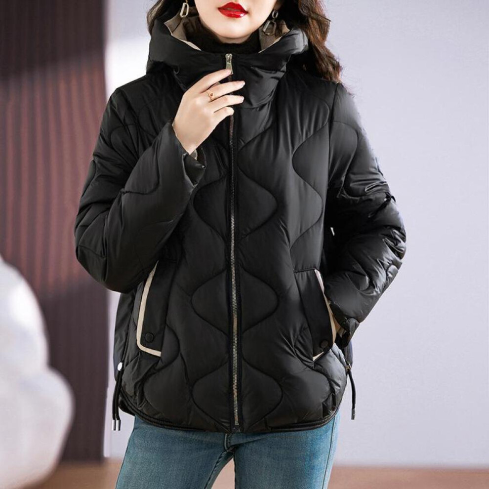 (black, XXL) Autumn Winter Thicken Warm Parka Women Casual Solid Color Wavy Pattern Big Pocket Loose Short Hooded Coat Jackets Outwear