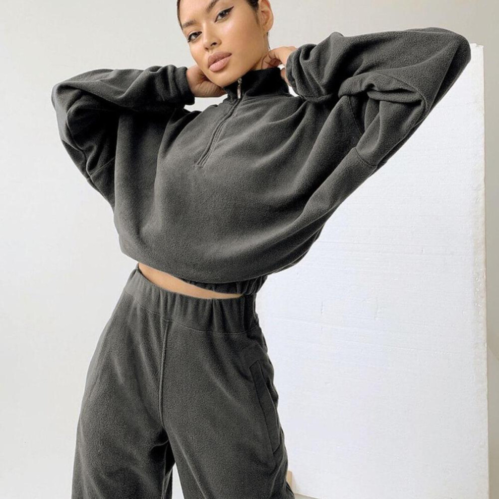 (gray, XL) Women Solid Color Long Sleeve V Neck Hoodies Suit Autumn Winter Loose Top Wide Leg Pants