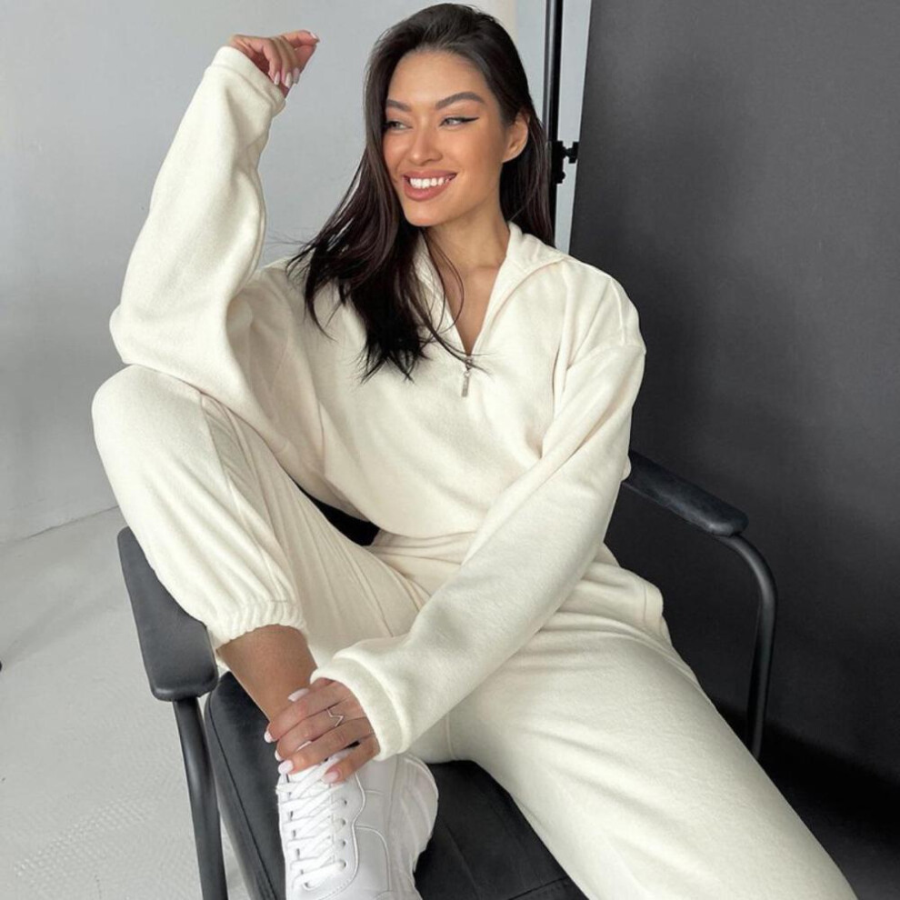(white, S) Women Solid Color Long Sleeve V Neck Hoodies Suit Autumn Winter Loose Top Wide Leg Pants