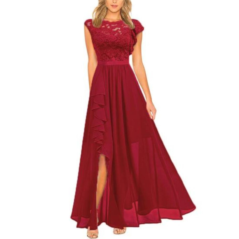 (wine red, L) Party Dress Sleeveless Dressing Up Solid Color Fashion Crochet Flower Lace Flowy Hem Bridesmaid Dress Streetwear