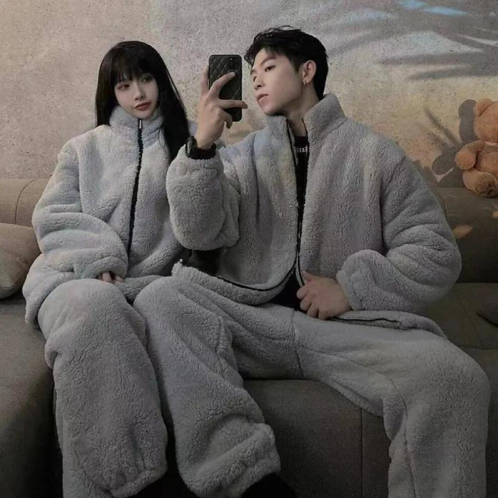 (grey, M) Men Pajama Sets Winter Thick Warm Flannel Pyjamas 2 Pieces /Sets Long Sleeve Sleepwear Homewear Casual Pijamas