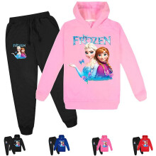 (140) Kids Elsa/anna Long Sleeve Hoodie Pants Suit Girls Tracksuit Sportswear Outfit Pink/black