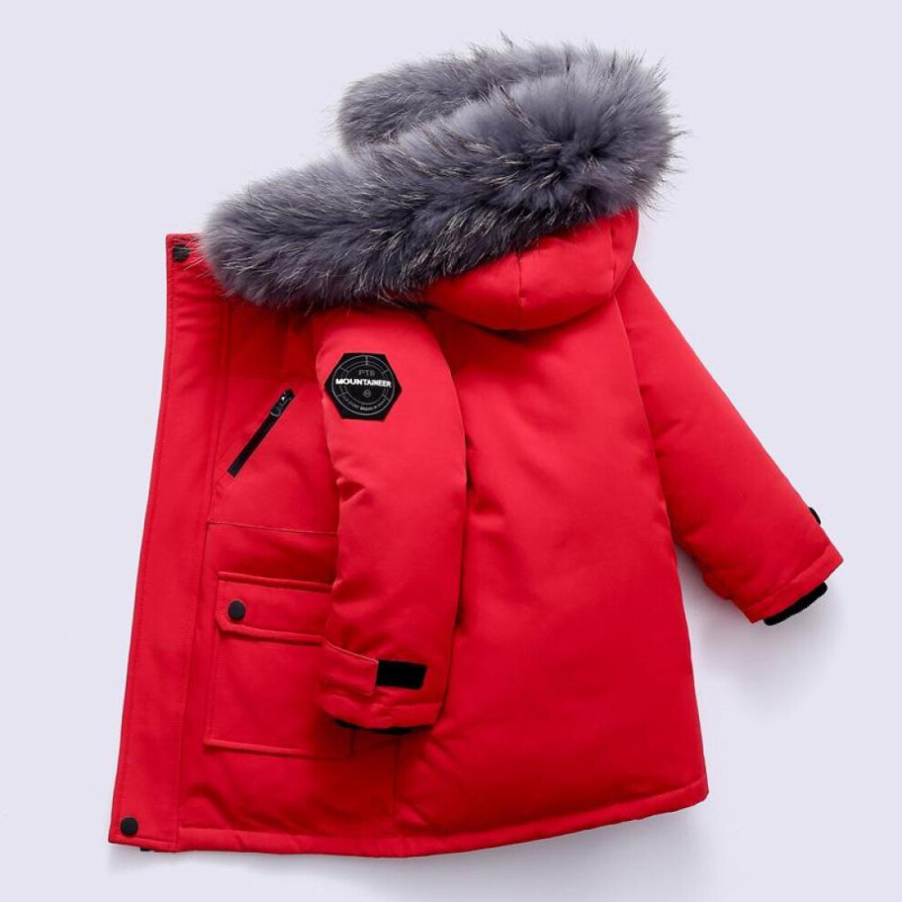 (red, 130cm) Winter Boys White Down Jacket Coat Baby Fur Collar Hooded Cottonthicken Warm Soild Color Jacket For Children&apos;s Outwear Kids Clothes