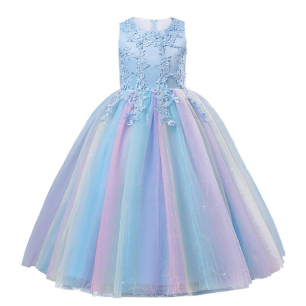 (sky blue, 120) Girls Luxury Rainbow Tulle Lace Flower Bridesmaid Wedding Party Dresses Children Colorful Graduation Ceremony Costume