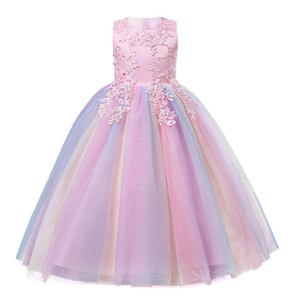 (pink, 150) Girls Luxury Rainbow Tulle Lace Flower Bridesmaid Wedding Party Dresses Children Colorful Graduation Ceremony Costume