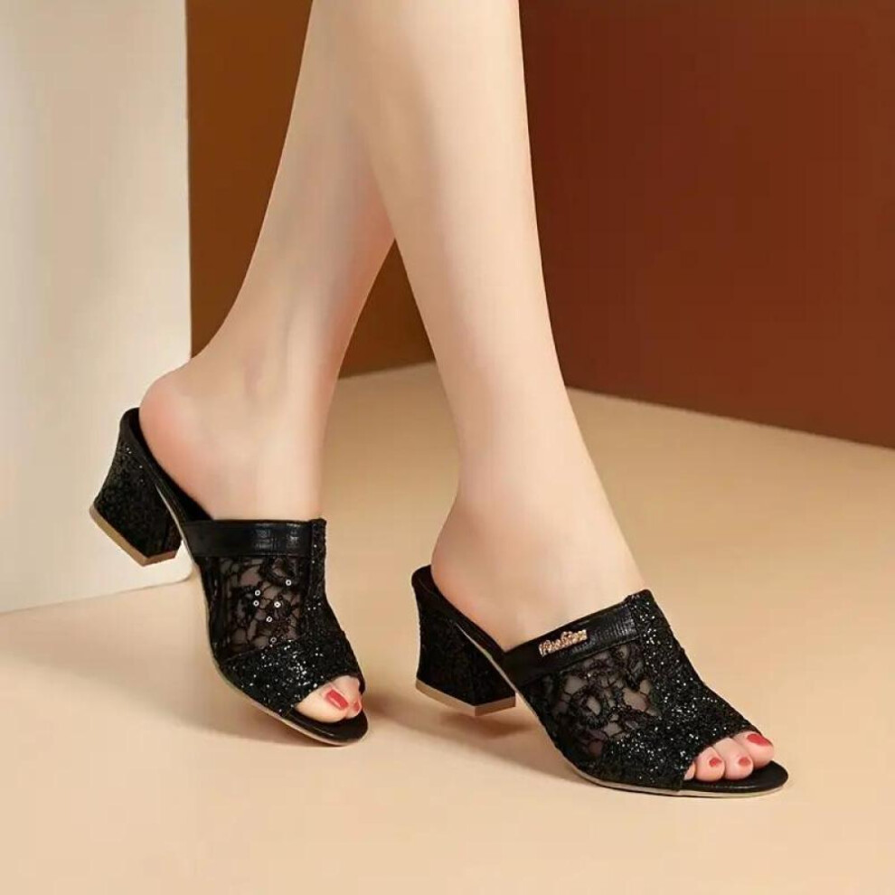 (black, 36) Sparkling Women&apos;s Chunky Heel Sandals With Breathable Mesh And Glitter Sequins Perfect For Fashionable Open Toe Carnival Pumps
