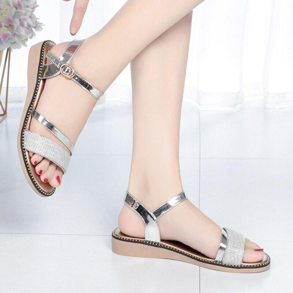 (white, 36) Women&apos;s Sandals Flat Golden Female Summer Sandals Fashion Sweet Silver Big Size Sandals Women