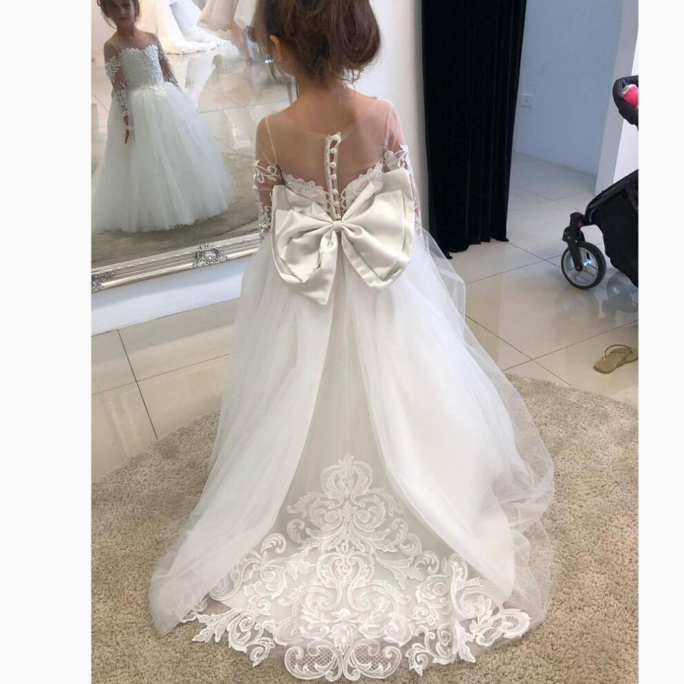(white, 120cm) Cute Flower Girl Dresses For Wedding Big Bow Appliques Long Little Pageant Gowns Girls White Tulle First Communion Gowns