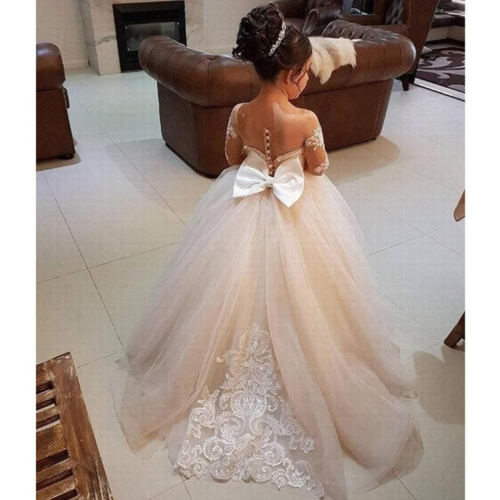 (champagne, 100cm) Cute Flower Girl Dresses For Wedding Big Bow Appliques Long Little Pageant Gowns Girls White Tulle First Communion Gowns