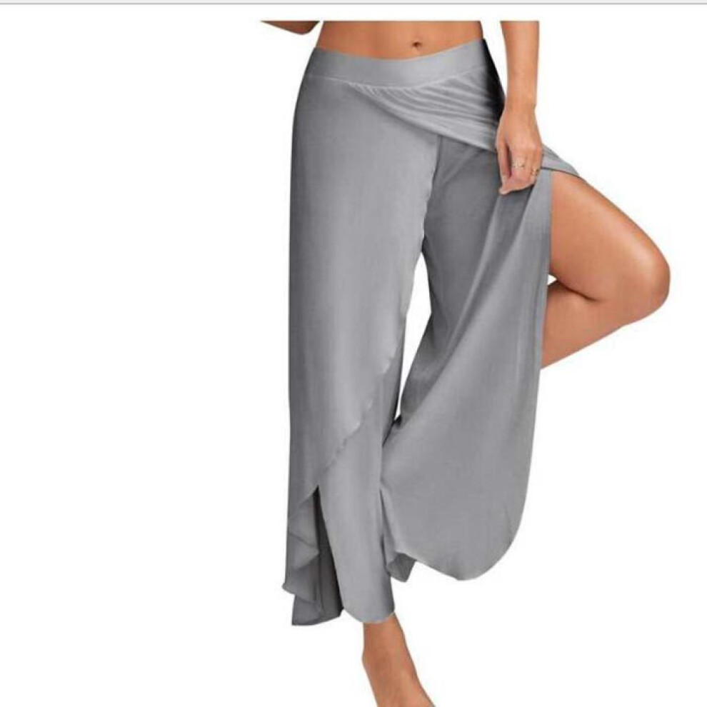 (grey, M) New Women Palazzo Boho Wide Leg Pants Loose Chiffon Skirt Flared Yoga Trousers Plus Size 5xl