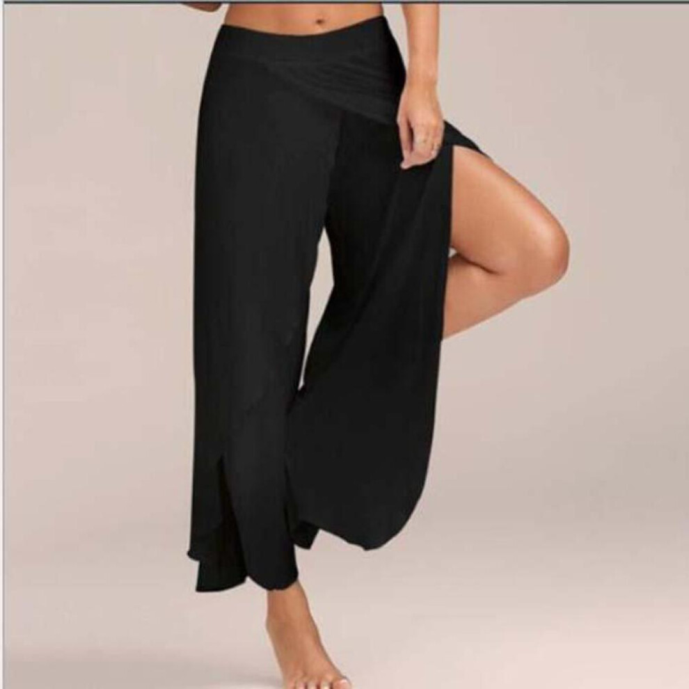 (black, XXL) New Women Palazzo Boho Wide Leg Pants Loose Chiffon Skirt Flared Yoga Trousers Plus Size 5xl