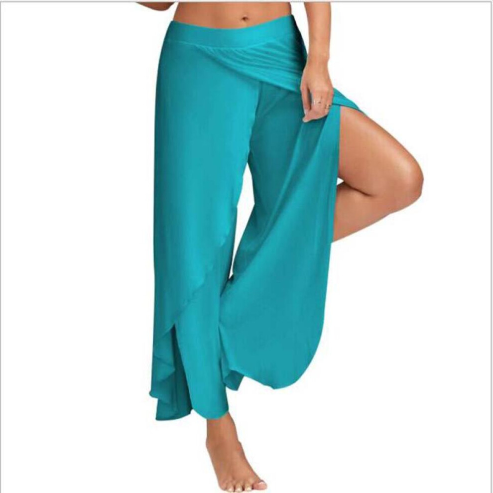 (blue, XXXL) New Women Palazzo Boho Wide Leg Pants Loose Chiffon Skirt Flared Yoga Trousers Plus Size 5xl