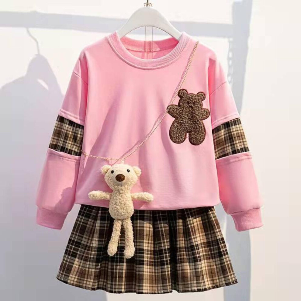(pink, 120) Girls Jk Suit Spring And Autumn Fashion Cute Comfortable Casual Cotton Sweater Plaid Pleated Skirt