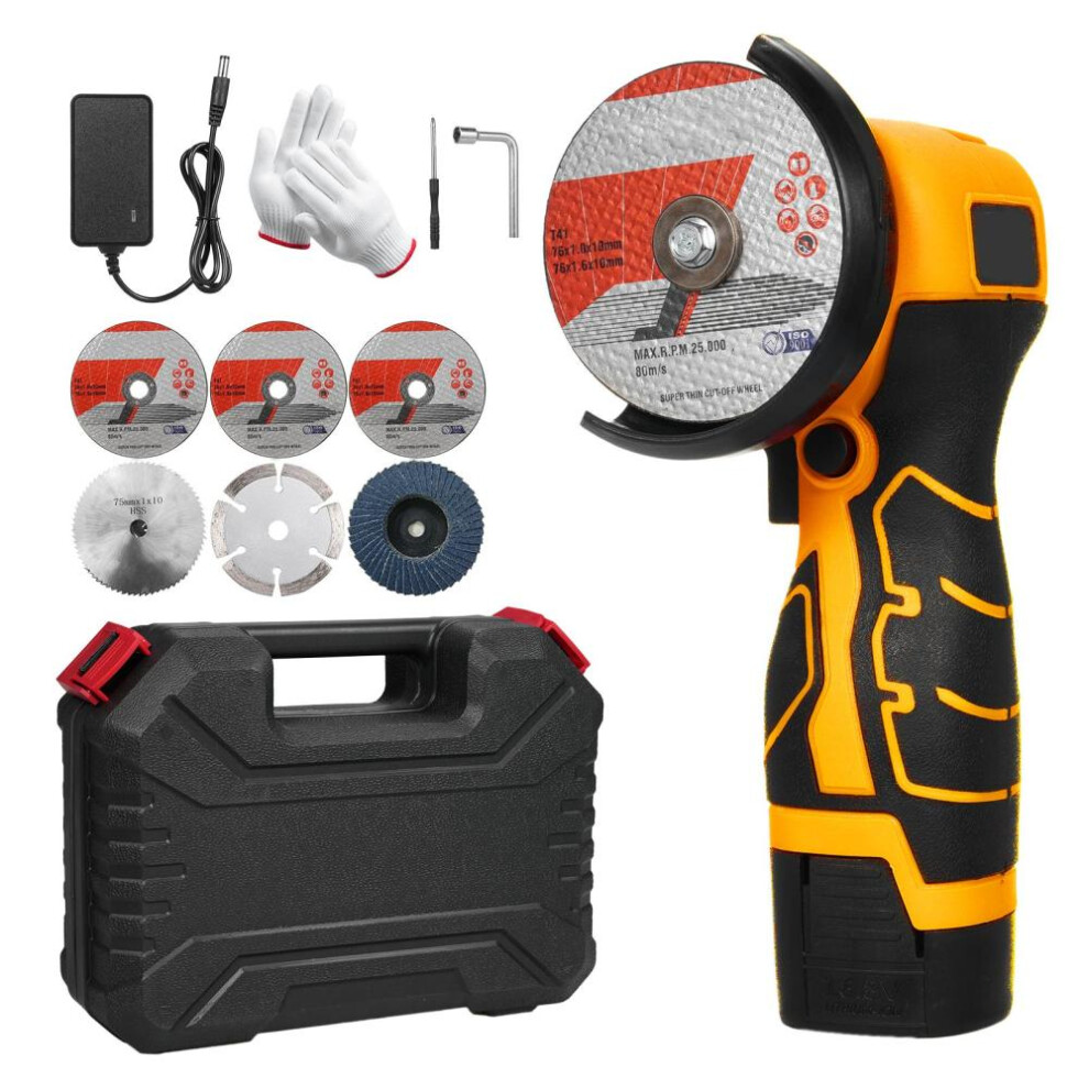 (yellow, UK Plug & 6 Blades) Cordless Angle Grinder 7000rpm Electric Grinding Tool Mini Grinder With 1pcs 16.8v 2000mah Battery